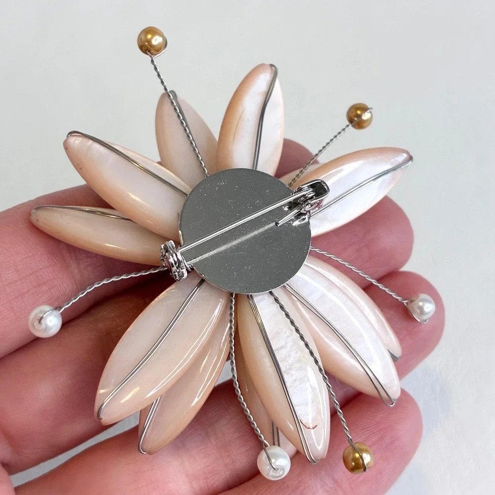 Vintage Flower Brooch Peach Carved Shell Faux Pearl Petal Statement Pin